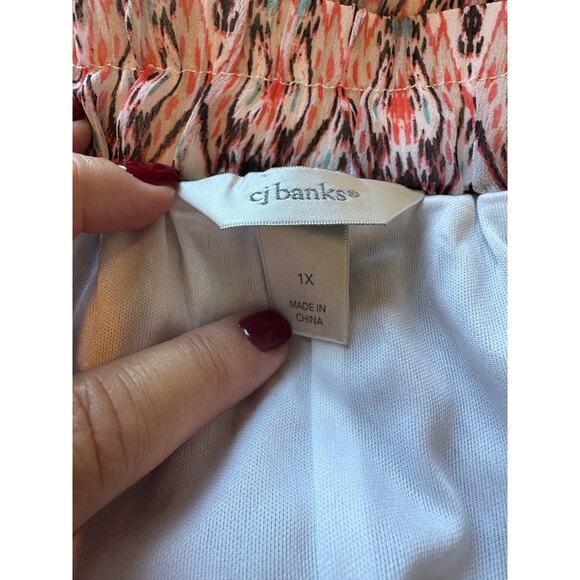 CJ Banks Plus Size 1X Pleated Midi Skirt Ikat Print Coral Black Flowy Boho Chic - Picture 6 of 8